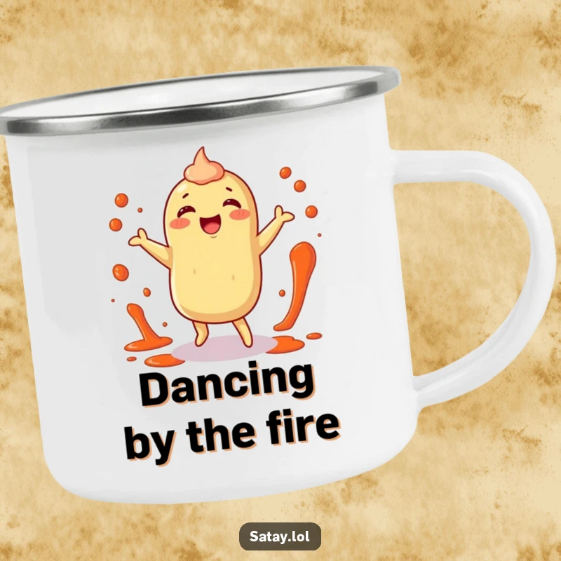 Funny satay camping mug showcasing a happy satay character dancing with sauce splatters, ideal for outdoor chefs.