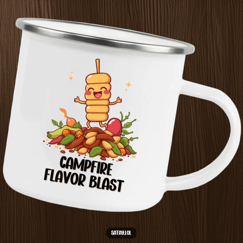 Funny giggling satay skewer on a durable camping mug, hopping on spices, perfect for outdoor dining with a smile.