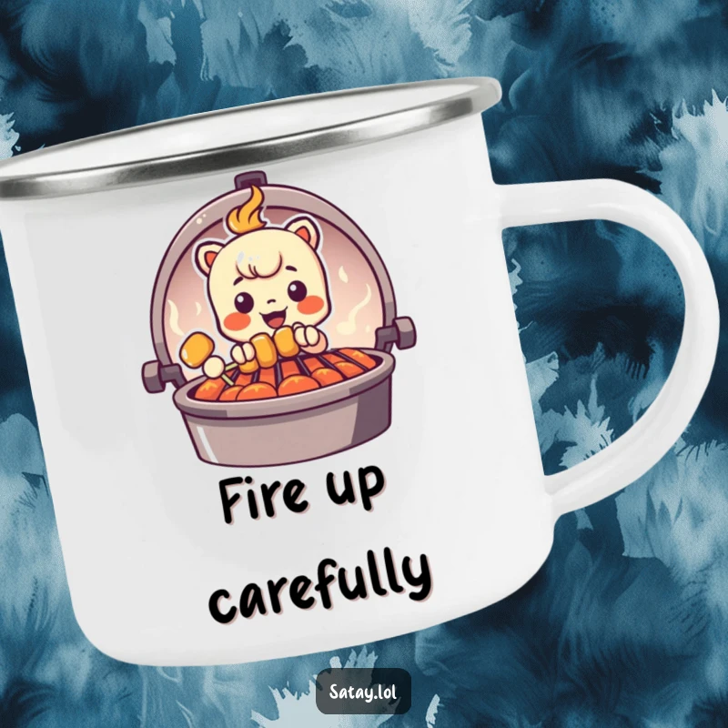 Funny Peeking Satay Skewer Camping Mug, an enamel cup featuring a skewer character peeking from behind a grill graphic, ready for outdoor fun.