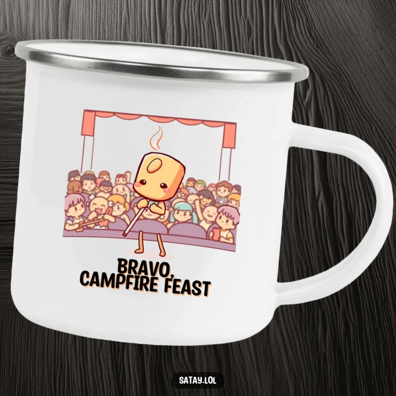 Funny satay skewer in a dramatic bow on a sturdy camping mug, ideal for outdoor enthusiasts who appreciate theater.