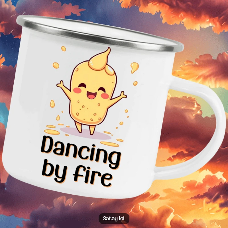 Funny camping mug with a satay character doing a happy dance, surrounded by playful sauce splatters.