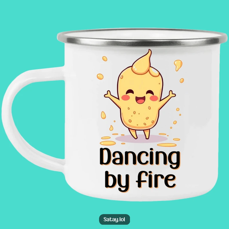 Funny Satay Camping Mug: Happy Dance Sauce Splatter Character, Humorous Outdoor Foodie Gift