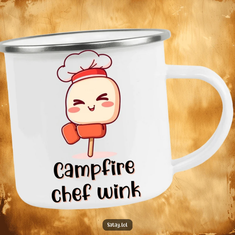 Funny camping mug with a winking satay skewer chef, ready for culinary adventures in the great outdoors.
