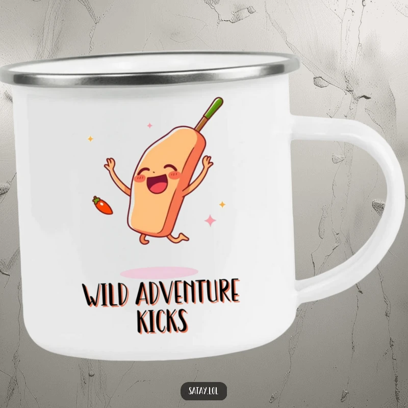 Funny satay skewer and chili pepper camping mug, depicting joyful food and spice, durable and humorous drinkware for adventurers.