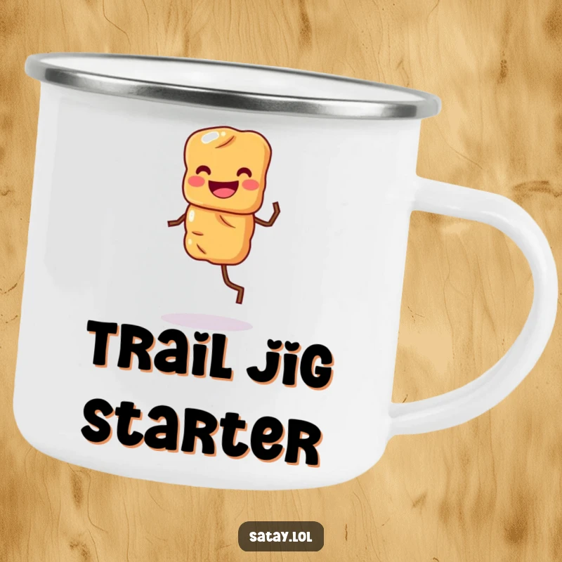 Funny enamel camping mug with a grinning satay skewer character doing a lively dance jig outdoors.