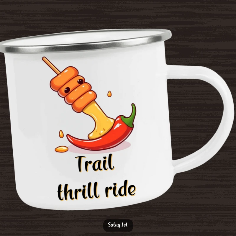 Funny camping mug with a satay skewer sliding down a chili pepper, ideal for spicy outdoor enjoyment.