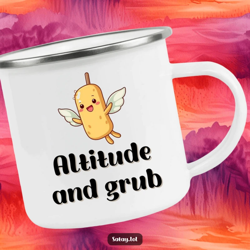 Funny camping mug with a satay skewer and peanut wings attempting to fly, ideal for aspiring adventurers.