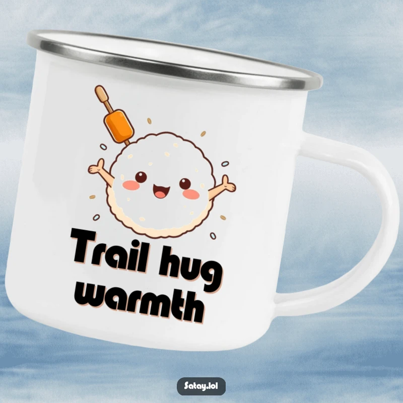 Funny satay skewer and rice ball camping mug, a skewer embracing a rice ball, durable and humorous drinkware for adventurers.