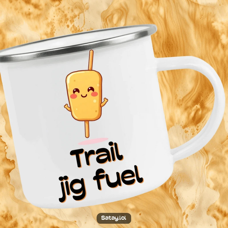 Funny satay skewer camping mug, a smiling skewer doing a joyful jig, durable drinkware for outdoor fun and laughter.