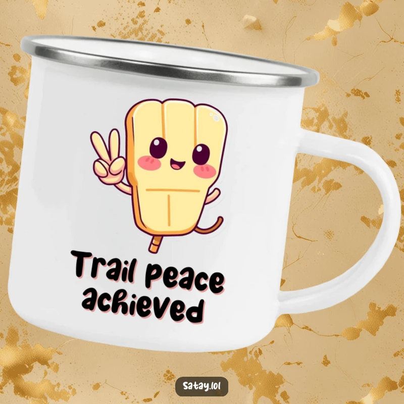 Funny Satay Skewer Camping Mug showing a skewer character making a peace sign with its tail, ideal for enjoying beverages outdoors with a smile.