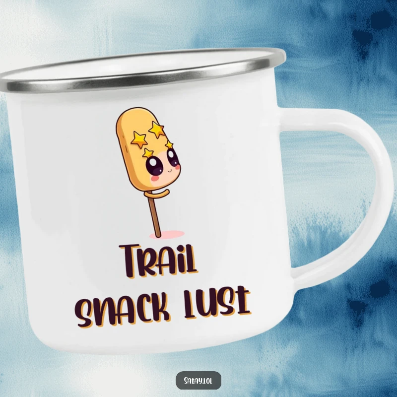 Funny Satay Skewer Camping Mug with a character starry-eyed over a giant peanut, ideal for outdoor snacking dreams.