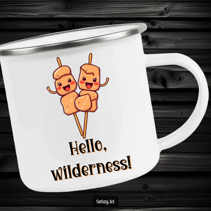 Funny Satay Skewers Camping Mug with characters waving their meat pieces cheerfully, ideal for friendly outdoor R&R.