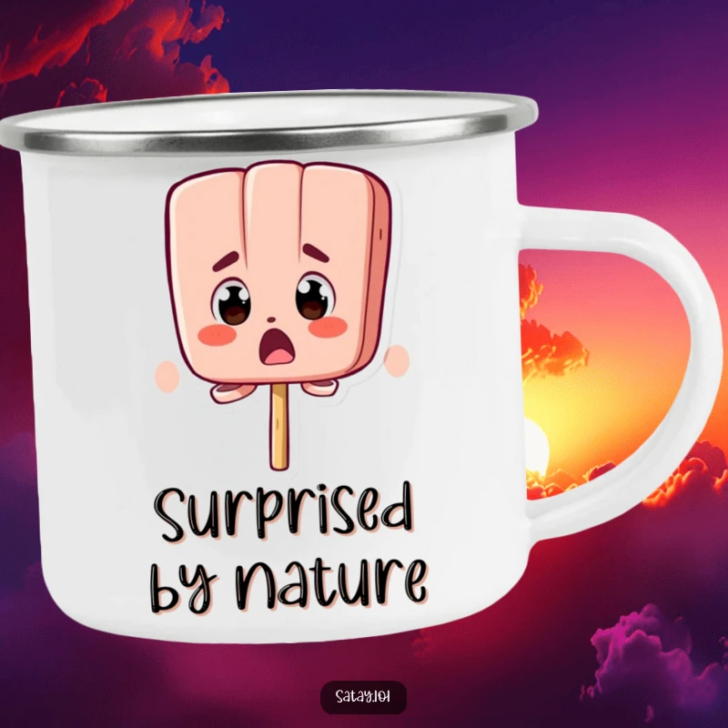 Funny enamel camping mug with a satay skewer character showing extreme surprise with bugging-out eyes outdoors.