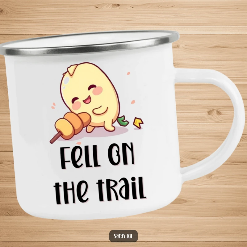 Funny enamel camping mug with a satay skewer character comically tripping over its own stick outdoors.