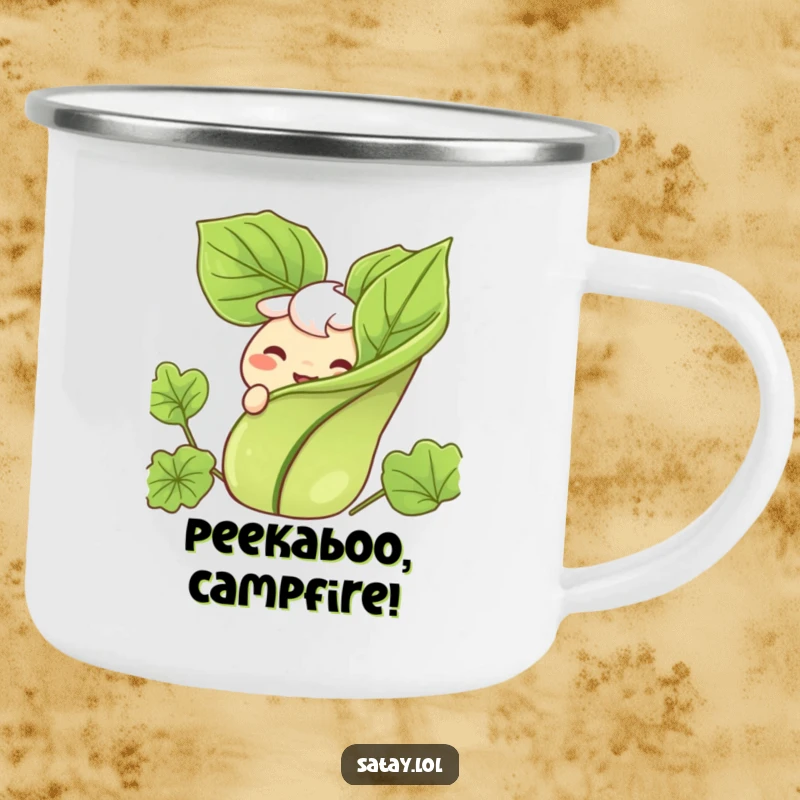Funny camping mug featuring a satay character grinning as it peeks from behind a garnish, ready for the outdoors.