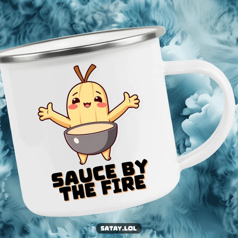 Funny camping mug with a satay character embracing a bowl of dipping sauce with open arms.
