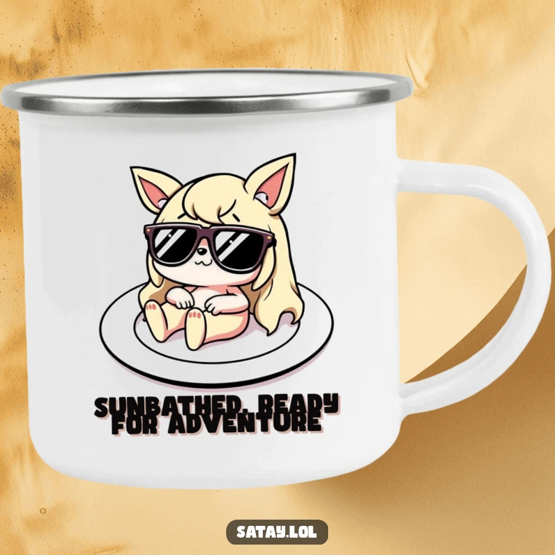 Funny Camping Mug: A satay character with tiny sunglasses lounges on a plate, bringing a humorous and relaxing vibe to outdoor adventures.