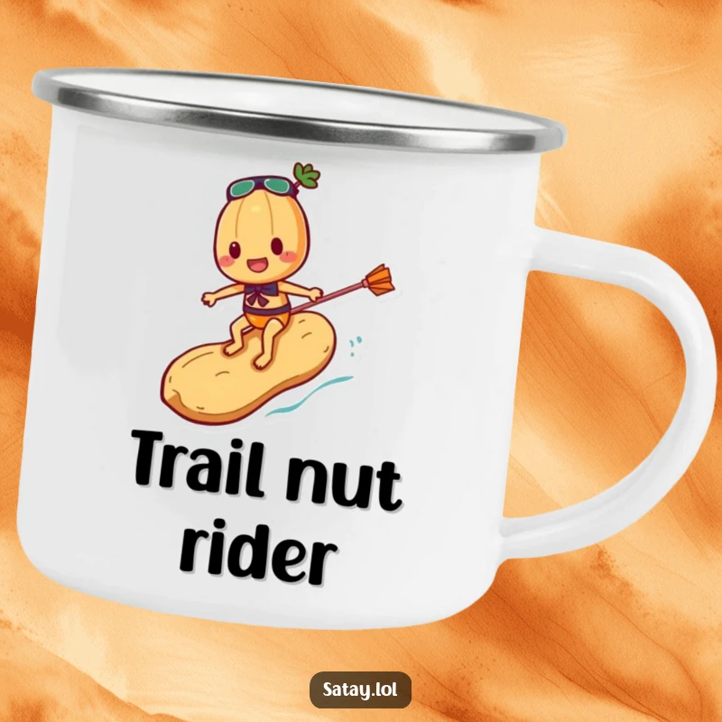 Funny Satay Skewer Camping Mug showing a skewer character surfing a peanut, ready to accompany any outdoor adventure with humor.