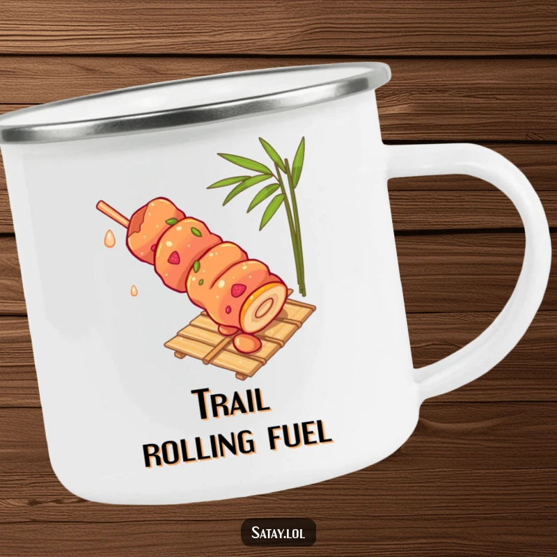Funny satay skewer camping mug, displaying a skewer rolling down a bamboo mat, a humorous and sturdy outdoor drinkware.