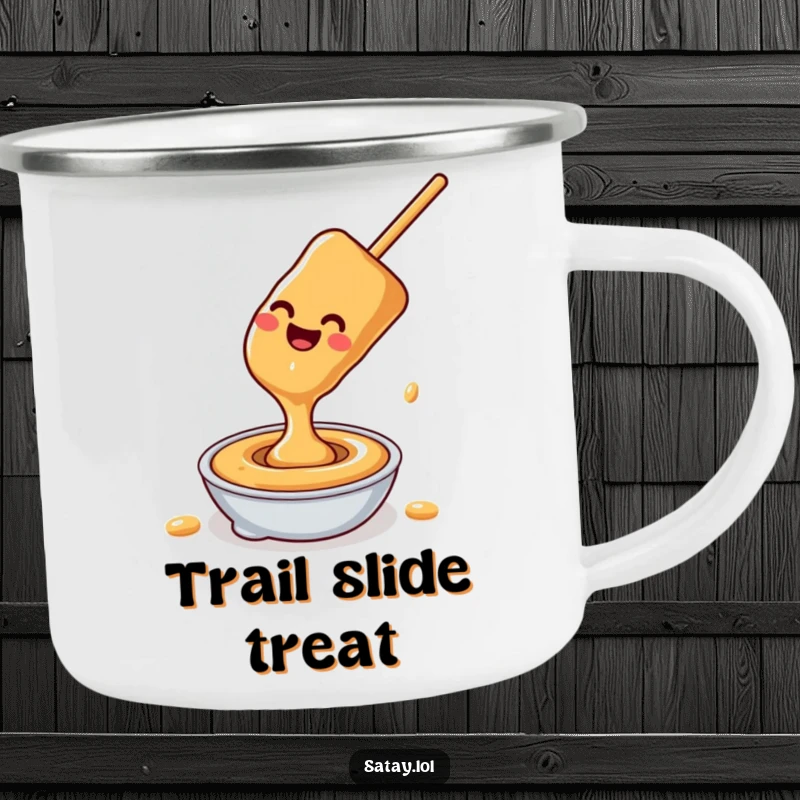 Funny satay skewer peanut sauce camping mug, a happy skewer sliding down peanut sauce, durable and humorous drinkware for adventurers.