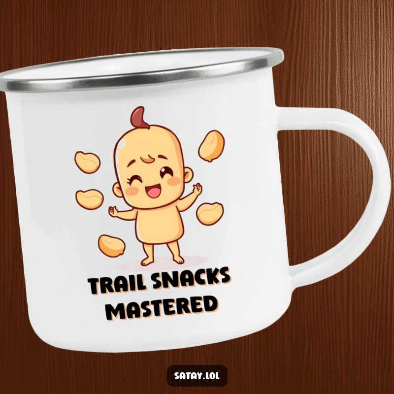 Funny happy satay skewer camping mug, character juggling peanut shells, cheerful and durable for outdoor adventures.