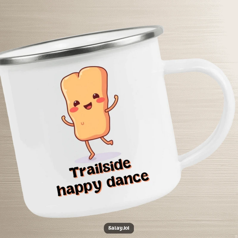 Funny camping mug featuring a satay skewer with tiny legs doing a happy jig, designed for outdoor enthusiasts who love food and humor.