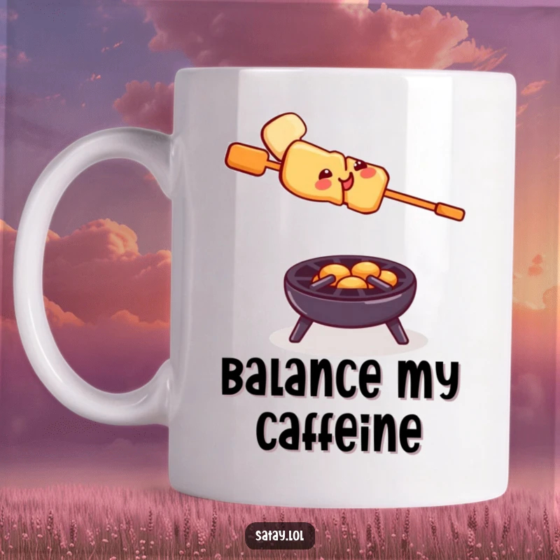 Funny satay skewer grill mug, a smiling skewer precariously balancing on a tiny grill, showcasing daring culinary humor.
