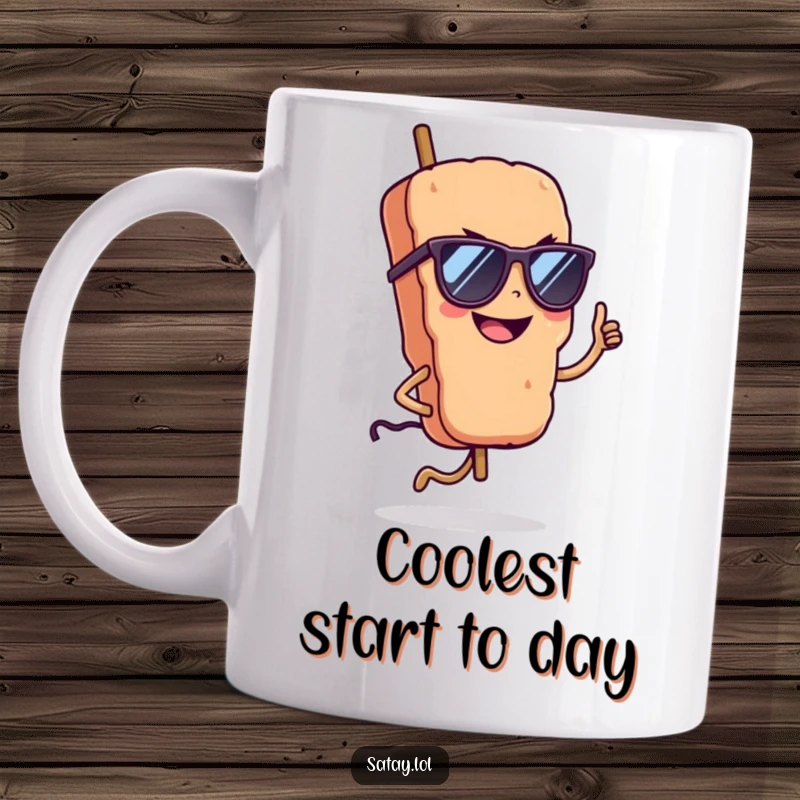 Funny satay skewer wearing sunglasses, doing a confident hop with a grin on a coffee mug, exuding cool vibes.
