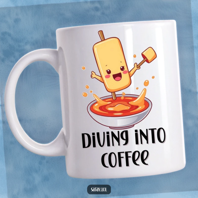 Funny satay skewer character mug, jumping into bubbling sauce, symbolizing a love for flavor and culinary adventure.