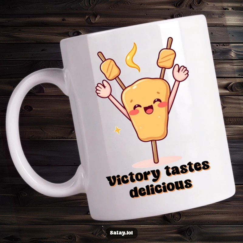 Funny coffee mug featuring a satay skewer with arms triumphantly raised in celebration.