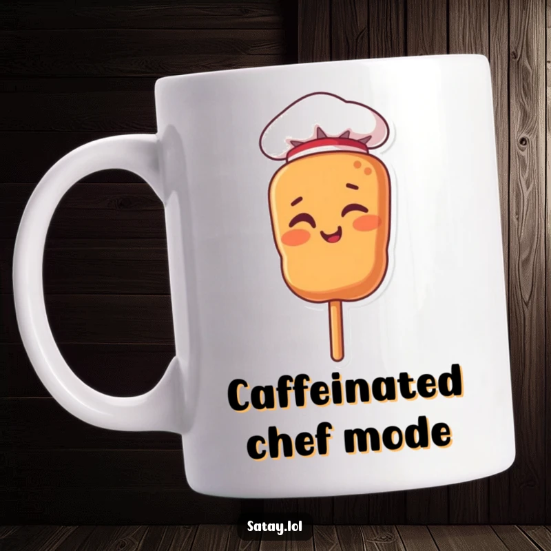 Funny mug featuring a satay skewer character wearing a tiny chef hat and winking playfully.