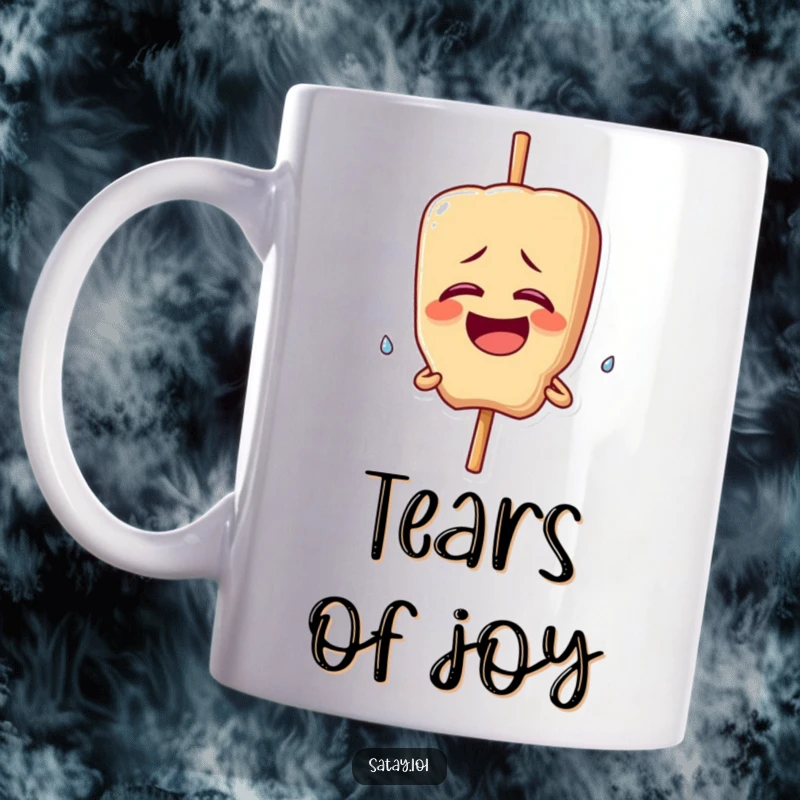 Funny mug with a satay skewer character giggling uncontrollably, with a single happy tear falling; pure comedic joy.