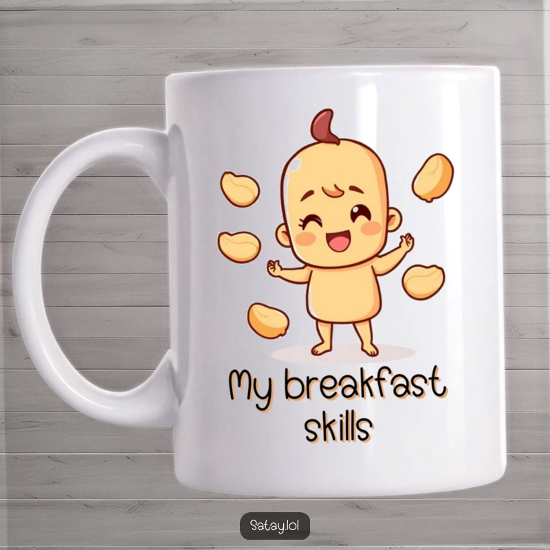 Funny happy satay skewer character mug, juggling peanut shells with a cheerful expression, vibrant and fun.