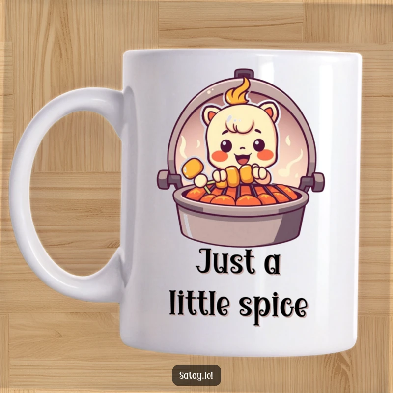 Funny Peeking Satay Skewer Mug featuring a skewer character subtly peeking from behind a grill graphic, adding a playful, humorous touch.