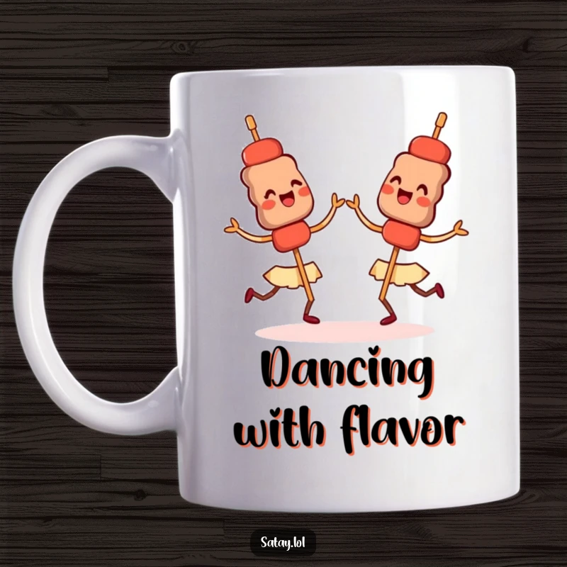 Funny mug featuring satay skewers doing a synchronized dance with happy expressions, celebrating culinary joy.