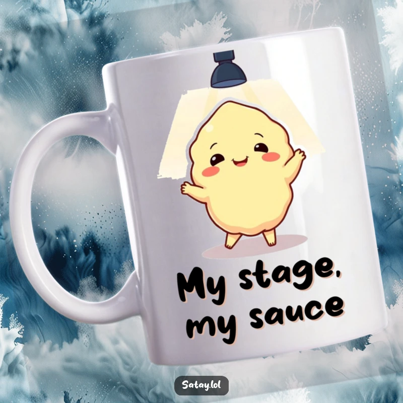 Funny satay lump dancing joyfully under a bright spotlight, showcasing its hilarious performance and vibrant personality on a mug.