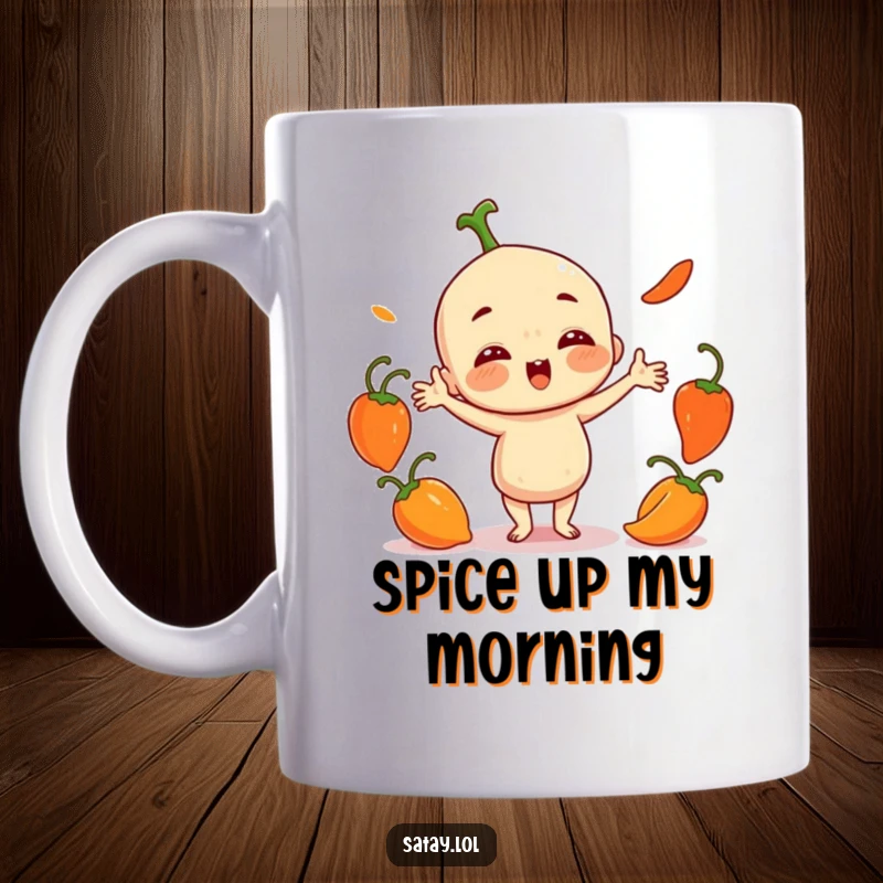 Funny Satay Character Mug: A playful satay juggles three small, round chili peppers, showcasing its spicy and humorous skills.