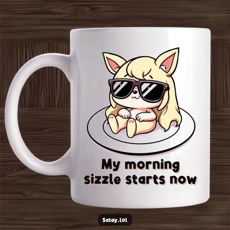 Funny Mug featuring a satay character with tiny sunglasses, lounging on a plate like a sunbed, exuding ultimate relaxation and chill vibes.