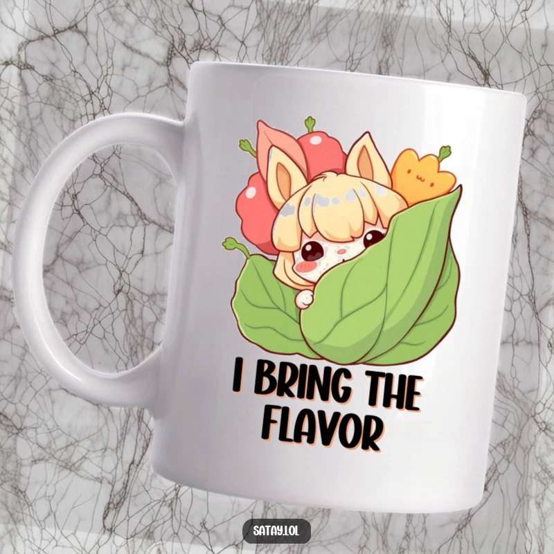 Funny satay mug showcasing a grinning satay character peeking out from behind a large, leafy garnish, ready to delight.