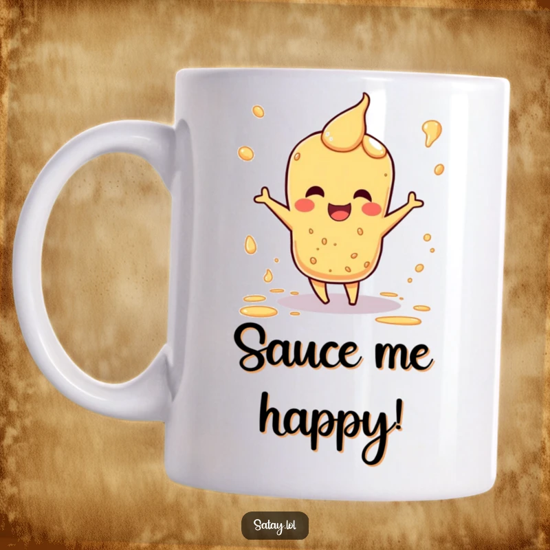 Funny mug featuring a happy satay character doing a little dance, surrounded by playful sauce splatters.