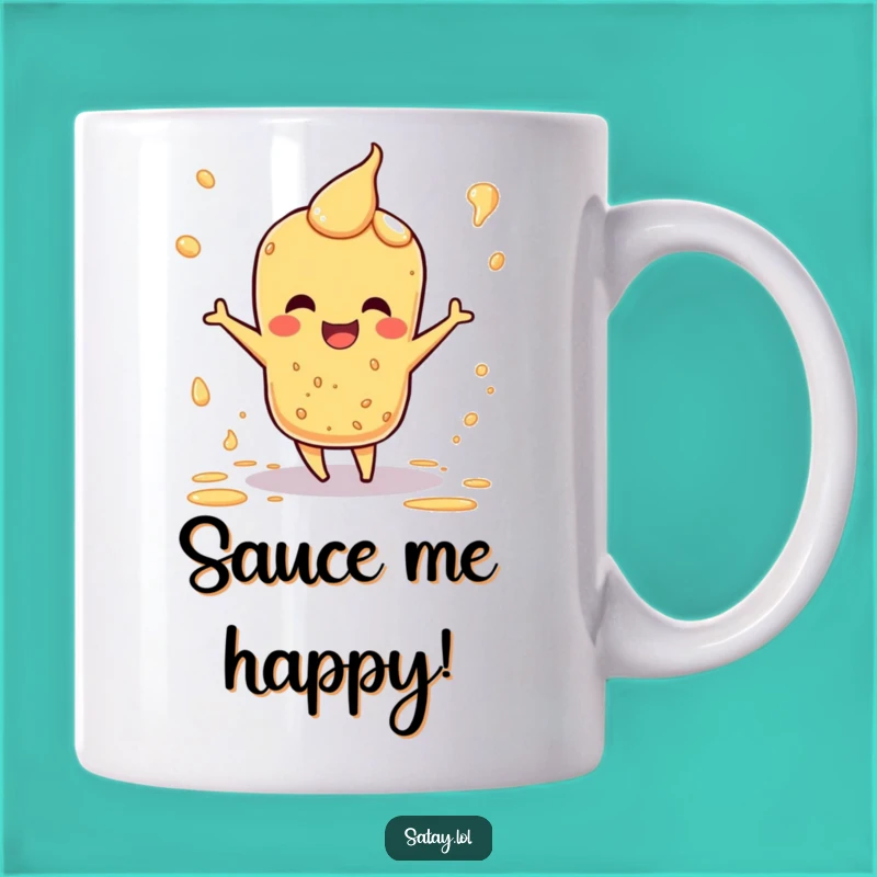 Funny Satay Mug: Happy Dance Sauce Splatter Character, Perfect Joyful Humorous Gift