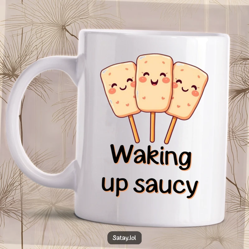 Funny mug featuring a satay skewer with three smiling pieces, winking playfully, celebrating delicious food.