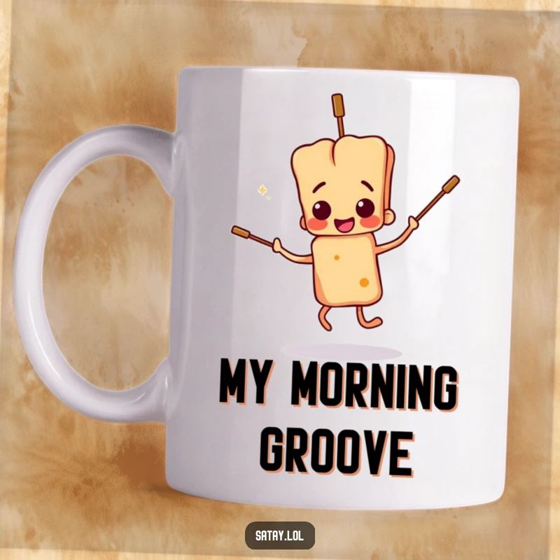 Funny satay skewer character mug, performing a clumsy dance with floppy skewers, perfect for those who don't take life too seriously.