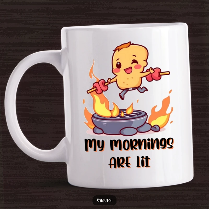 Funny satay skewer character doing a daring leap over a flaming grill, bringing excitement to this ceramic mug.
