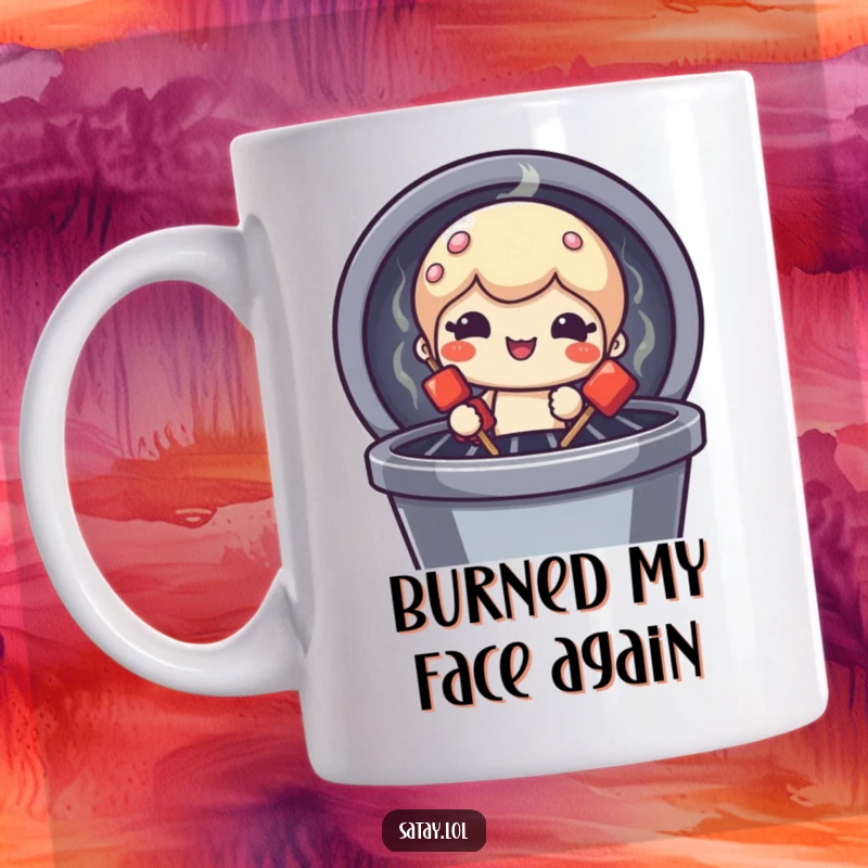 Funny satay skewer character mug, peeking from a grill with a funny face, perfect for coffee lovers and grill masters.
