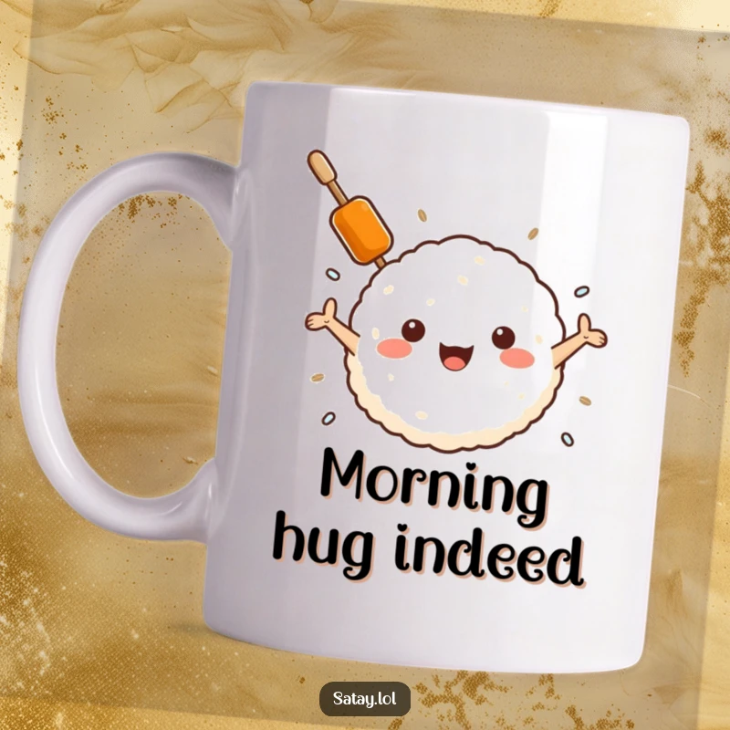Funny satay skewer mug, a skewer with arms outstretched embracing a fluffy rice ball, showcasing a heartwarming and humorous food hug.