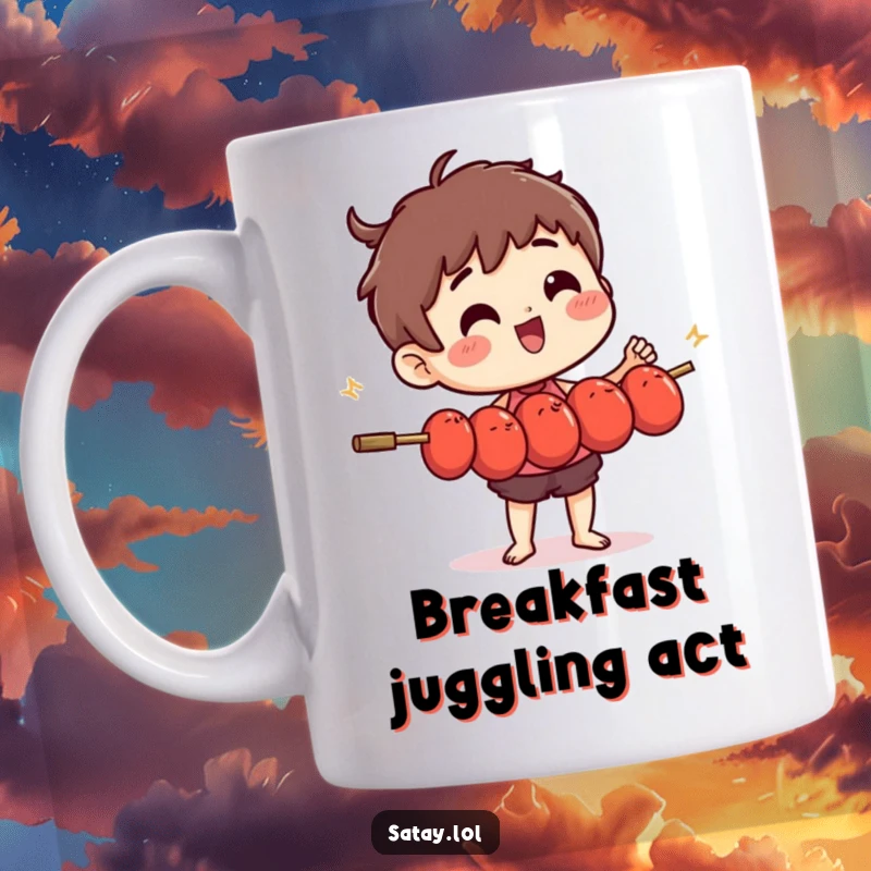 Funny satay skewer character expertly juggling tiny, wiggling meatballs on a mug, bringing a smile.