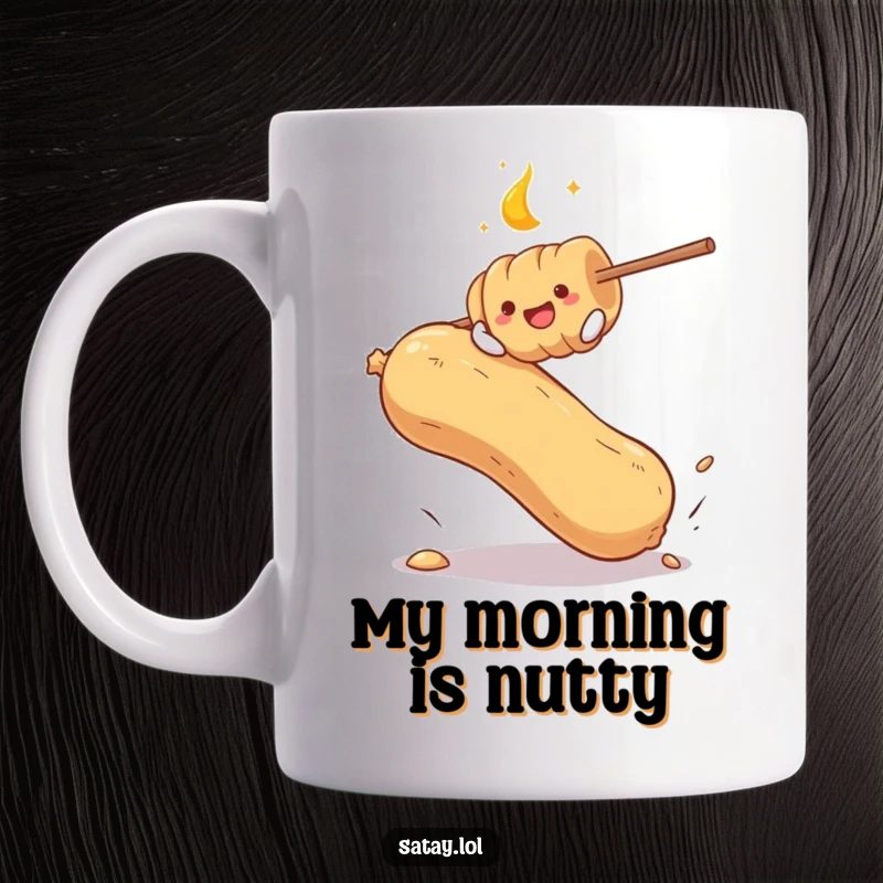 Funny mug showcasing a satay skewer gleefully bouncing on an oversized peanut, capturing a moment of pure, food-related absurdity.
