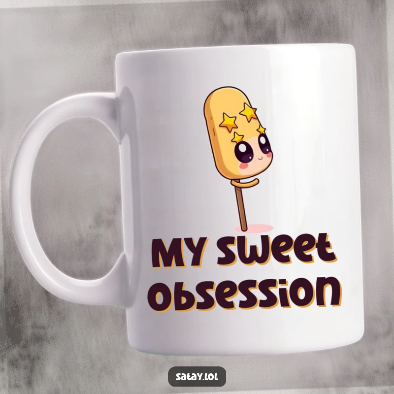 Funny Satay Skewer Mug with starry-eyed character fixated on a giant peanut, representing intense food desire.