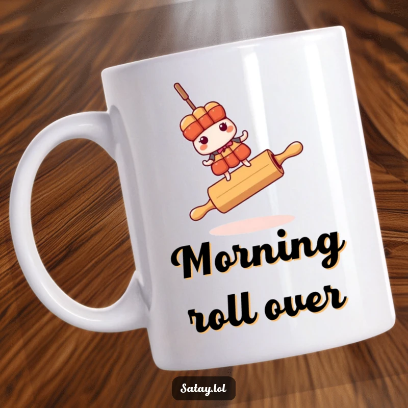 Funny satay skewer character wobbling precariously while balancing on a rolling pin on a coffee mug.